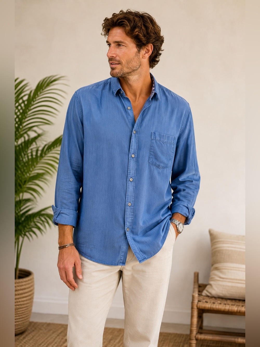 Tommy Bahama Blue Silk Cotton Chambray Button Down Shirt Mens XXL
